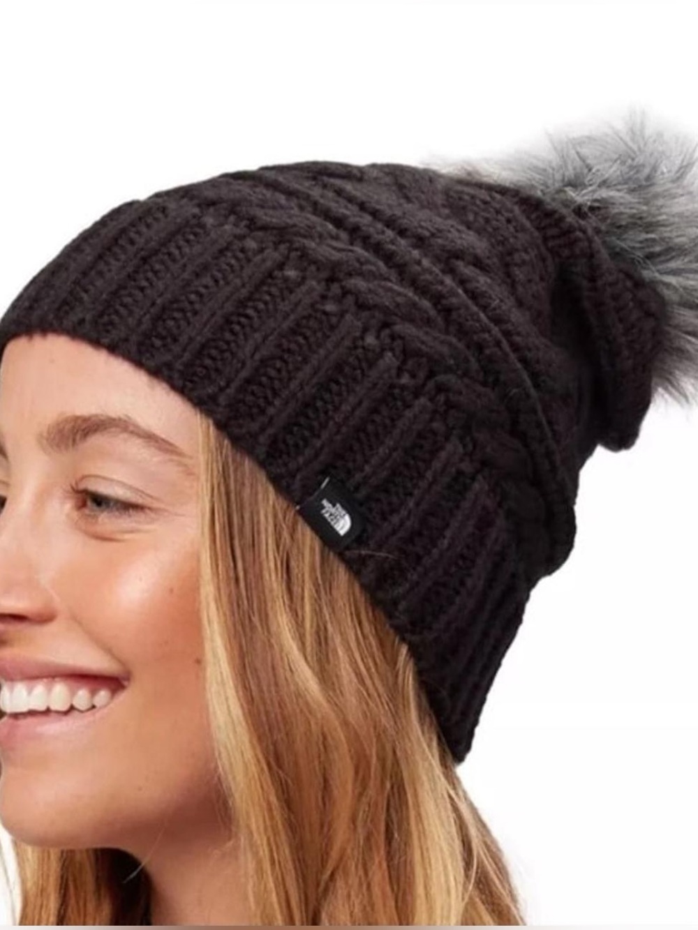The North Face Triple Cable Beanie in Black  with Gray Pom